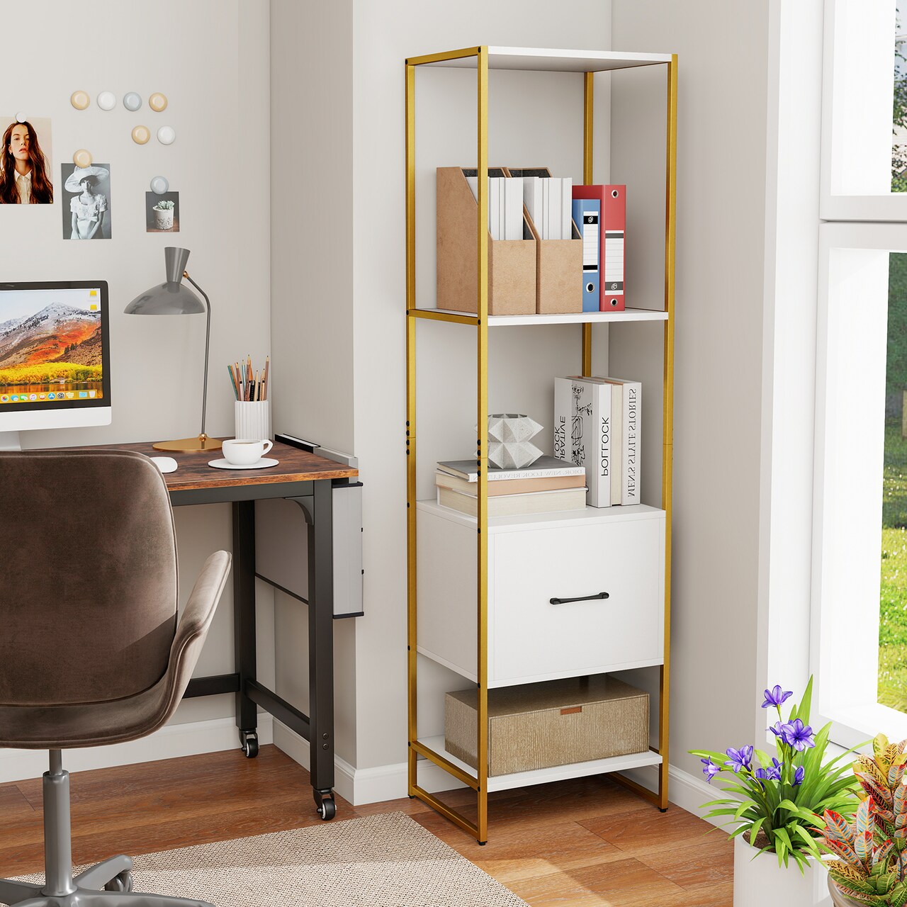 Space-Saving 5-Tier Narrow Bookcase with 4 Open Shelves and Hidden Storage Drawer
